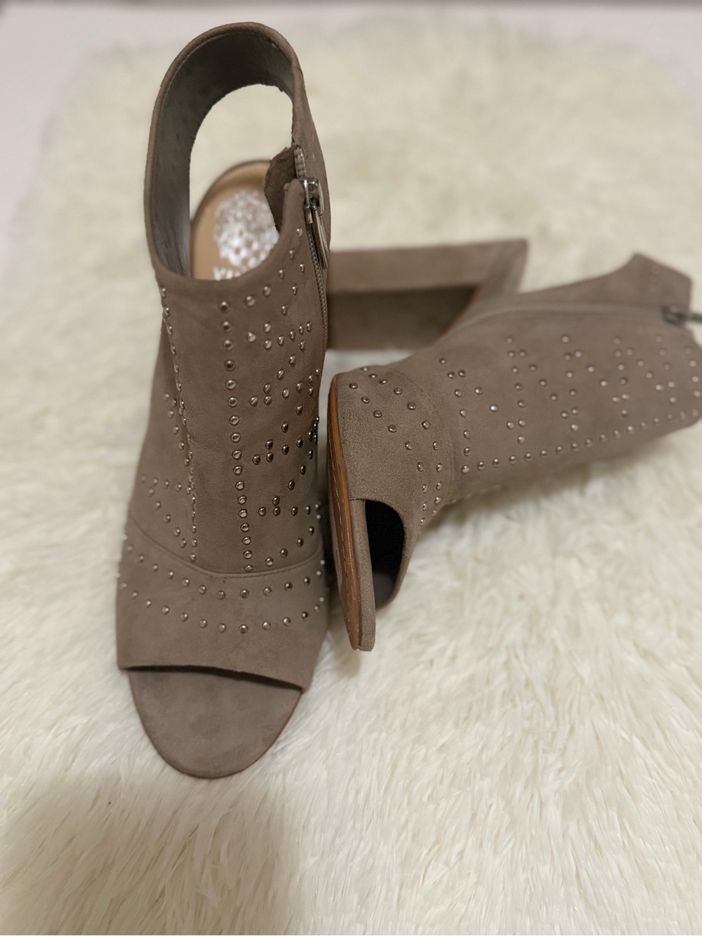 Vince Camuto Taupe Suede Studded Open-Toe Block Heel Mules